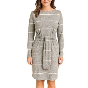Alison Andrews Medium Gray White Stripe Long sleeve Tie Front Dress Modest